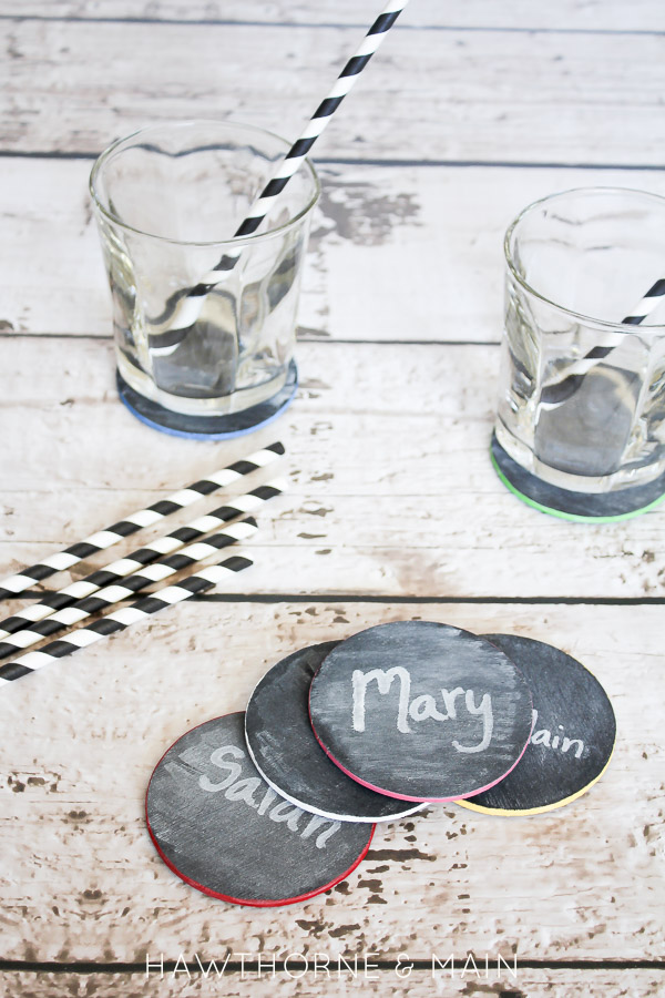 These diy chalk board coasters are the perfect addition to your next party! Super easy to make and everyone will know who's drink is who's!!