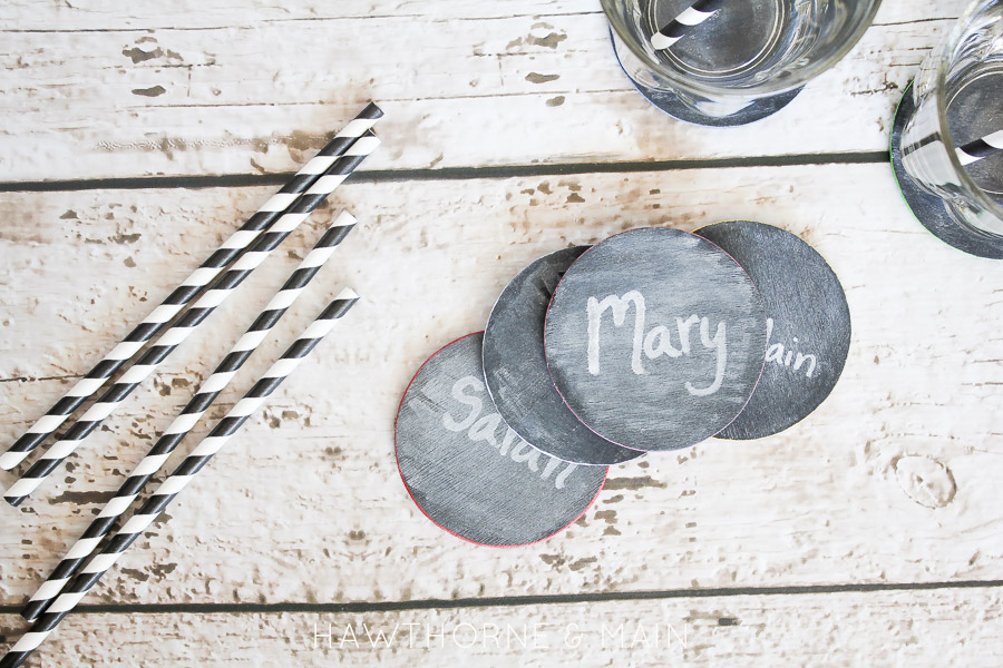 These diy chalk board coasters are the perfect addition to your next party! Super easy to make and everyone will know who's drink is who's!!