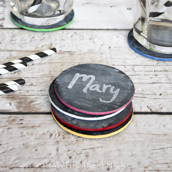 These diy chalk board coasters are the perfect addition to your next party! Super easy to make and everyone will know who's drink is who's!!