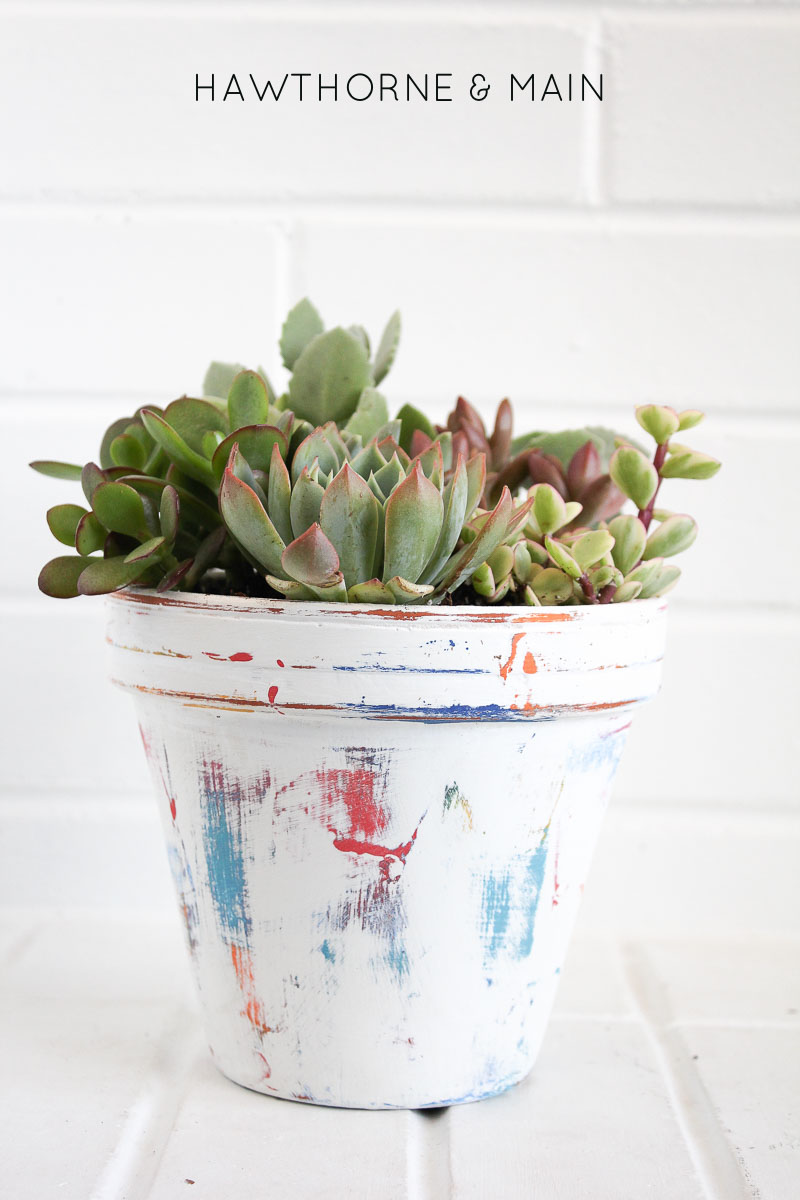 Check out this easy way to get a worn look on a flower pot. It looks like it was harder than it really was.  Come learn the splotchy paint technique.  