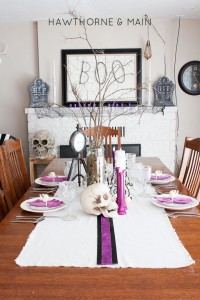 halloween dinning room and mantel with black and white with purple accents 1