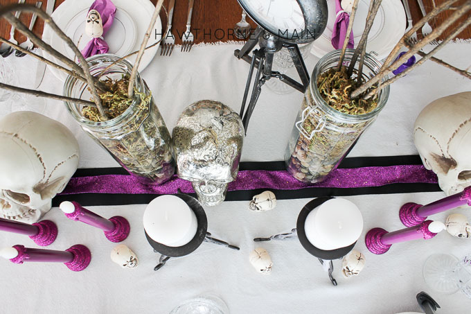 Come take a peek at my purple glam Halloween dinning room and mantel tour. I decided to go all out and use purple, black and white.  It turned to so fun! 