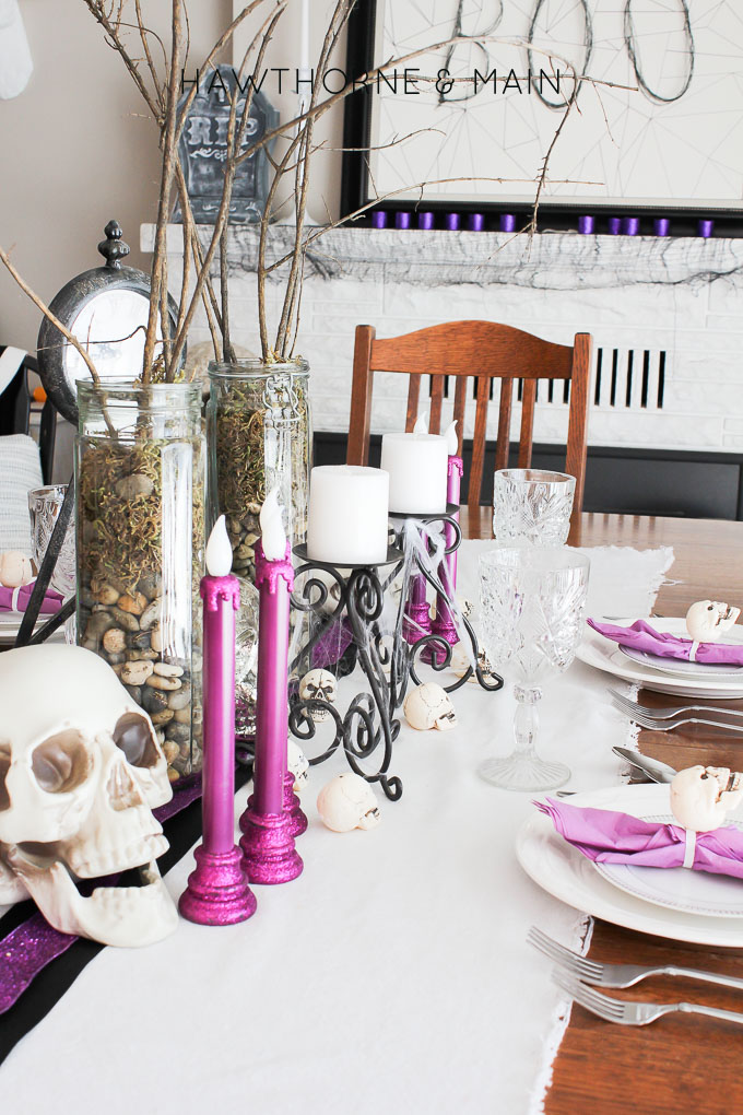 Come take a peek at my purple glam Halloween dinning room and mantel tour. I decided to go all out and use purple, black and white.  It turned to so fun! 