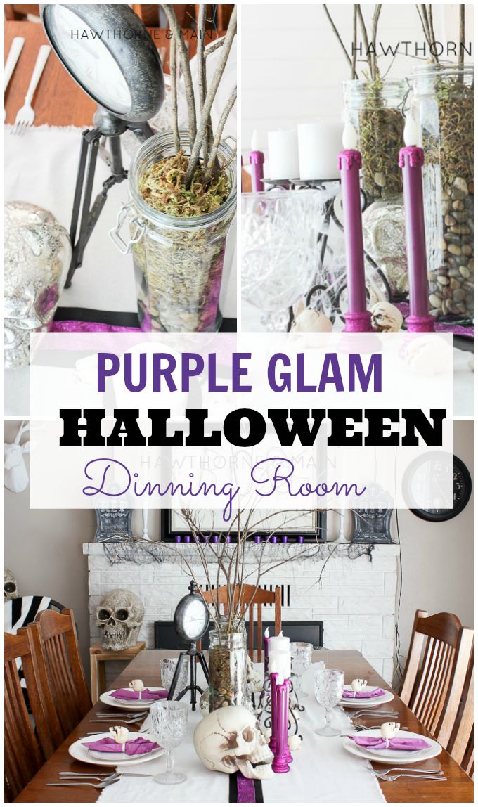 Come take a peek at my purple glam Halloween dinning room and mantel tour. I decided to go all out and use purple, black and white.  It turned to so fun! 