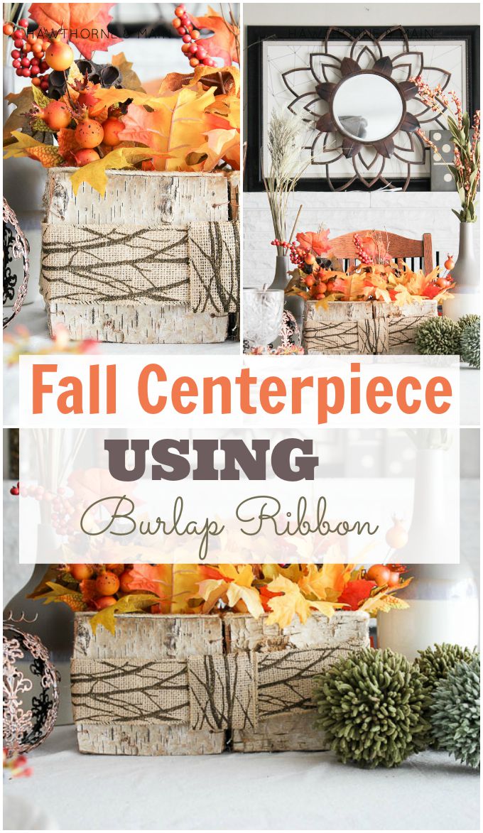Fall Centerpiece with Burlap Ribbon An easy and quick autumn decor piece to add to your table.