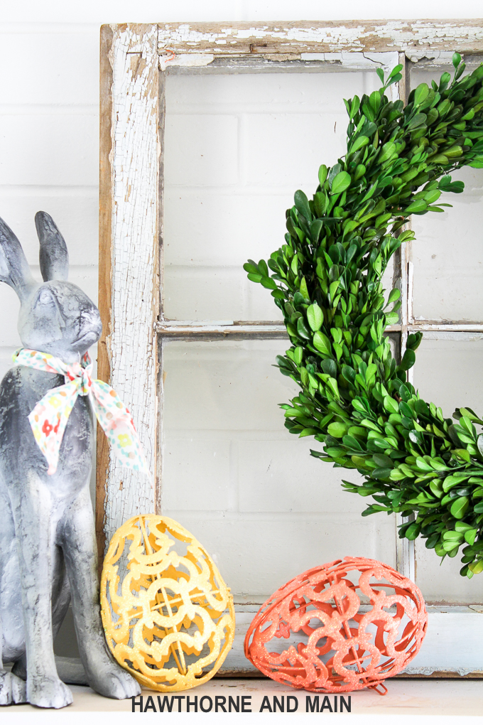 Spring Refresh with Easter Accents. This mantel is the perfect mix of spring and easter. I love pops of color and the pretty styling! 