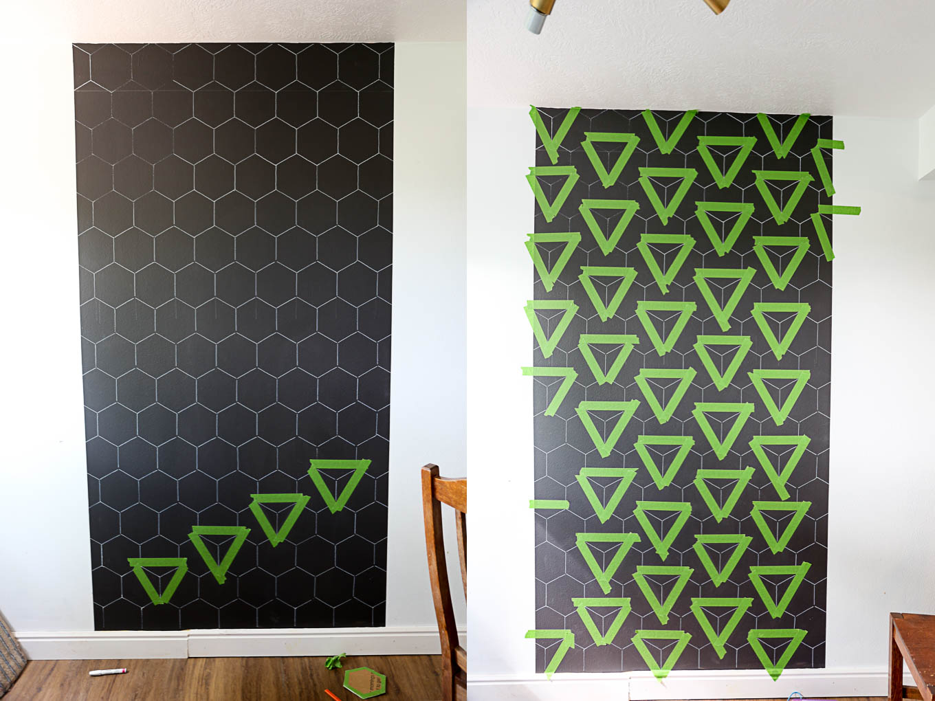 Black and blush geometric accent wall using black and white Sharpie markers....perfection! 