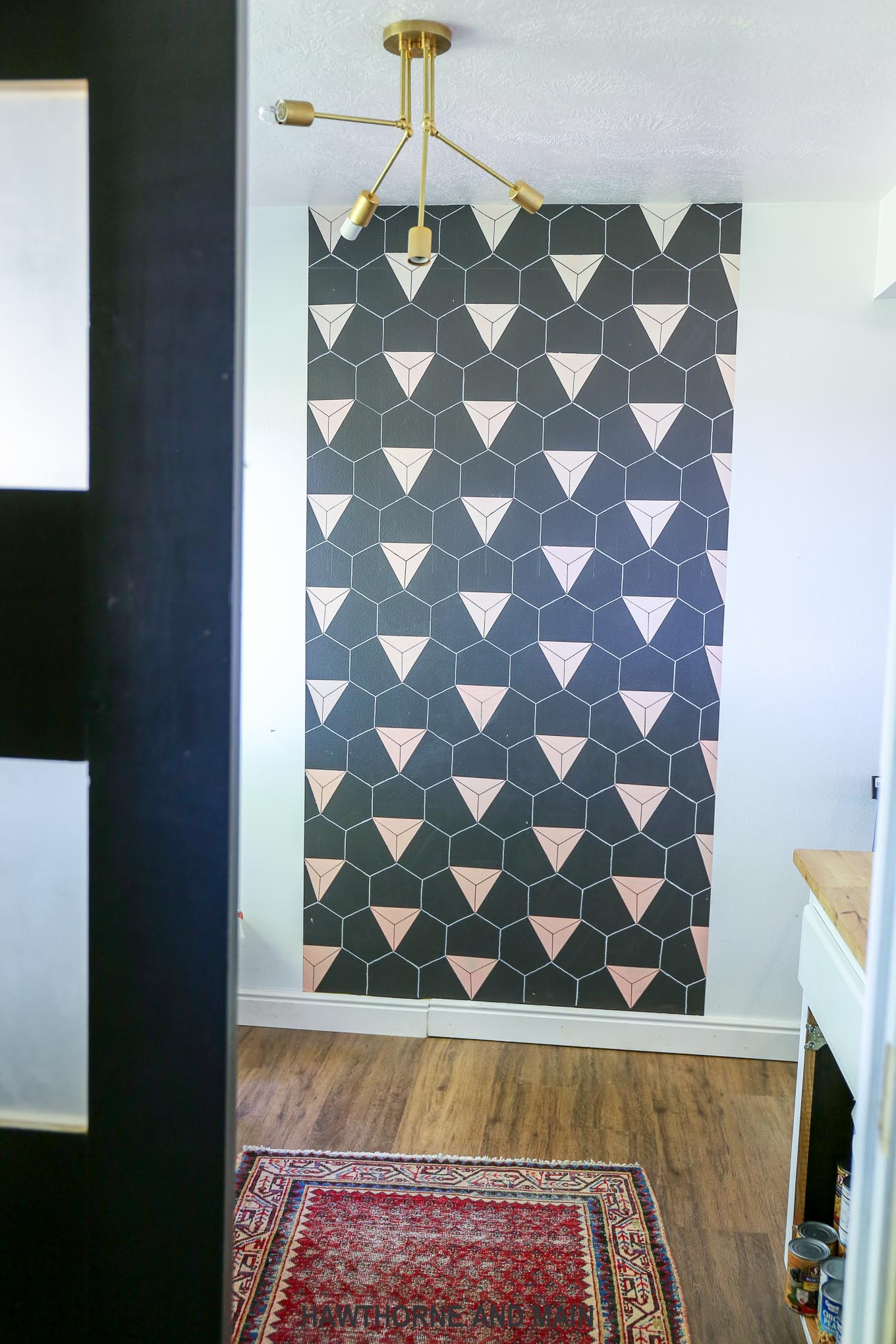 Black and blush geometric accent wall using black and white Sharpie markers....perfection! 